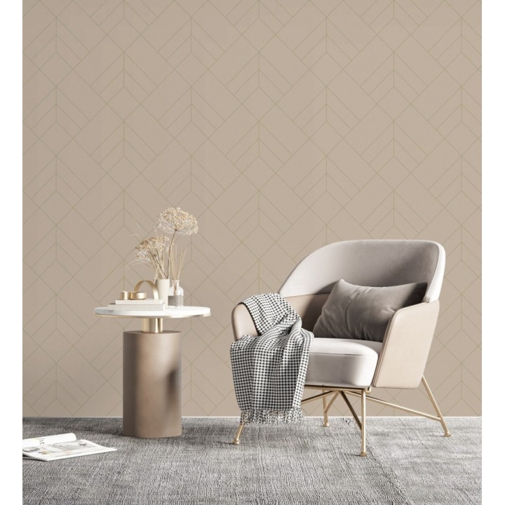 Papel pintado geométrico de rombos con líneas doradas fondo nude estilo Art déco - Arnova 682085