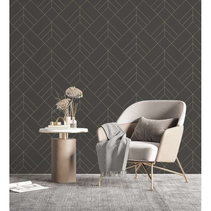 Papel pintado geométrico de rombos con líneas doradas fondo marrón pardo estilo Art déco - Arnova 682086