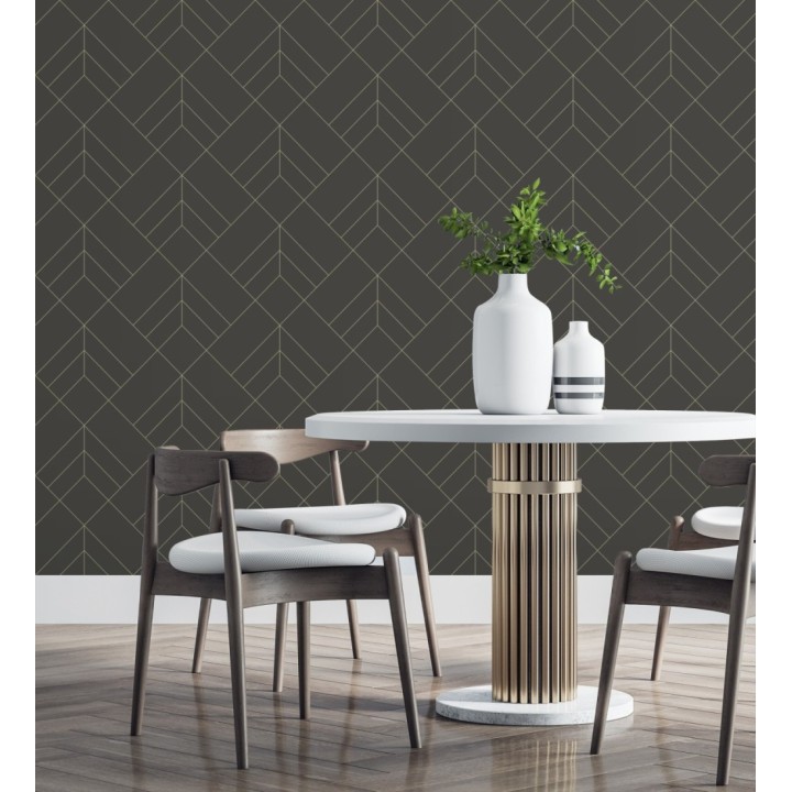 Papel pintado geométrico de rombos con líneas doradas fondo marrón pardo estilo Art déco - Arnova 682086