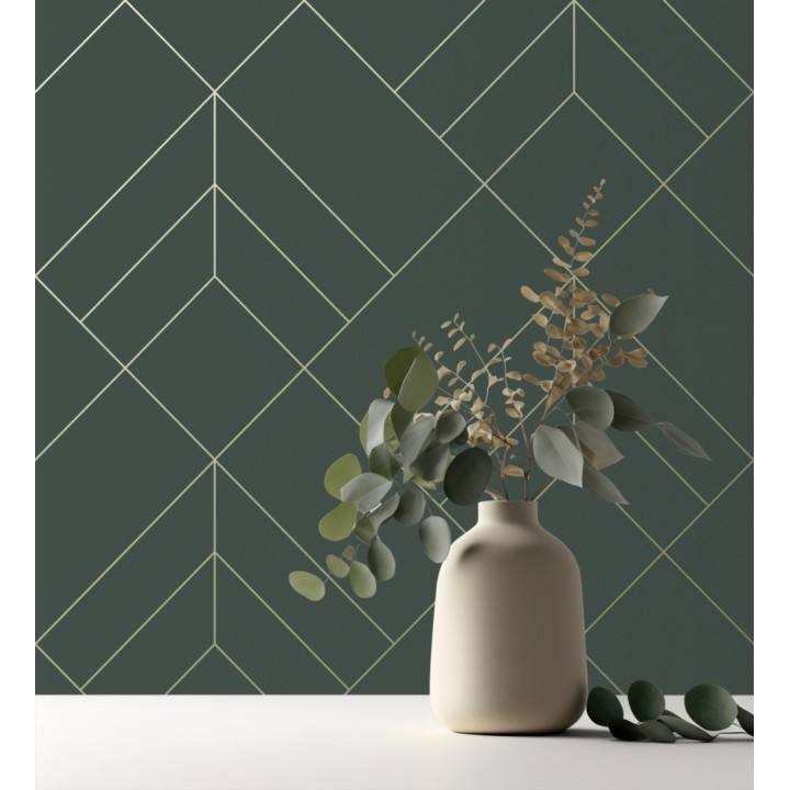 Papel pintado geométrico de rombos con líneas doradas fondo verde estilo Art déco - Arnova 682087