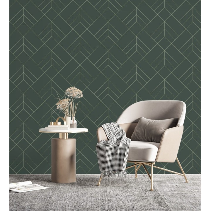 Papel pintado geométrico de rombos con líneas doradas fondo verde estilo Art déco - Arnova 682087