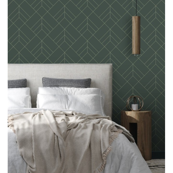 Papel pintado geométrico de rombos con líneas doradas fondo verde estilo Art déco - Arnova 682087