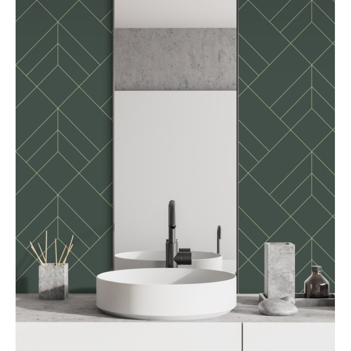 Papel pintado geométrico de rombos con líneas doradas fondo verde estilo Art déco - Arnova 682087