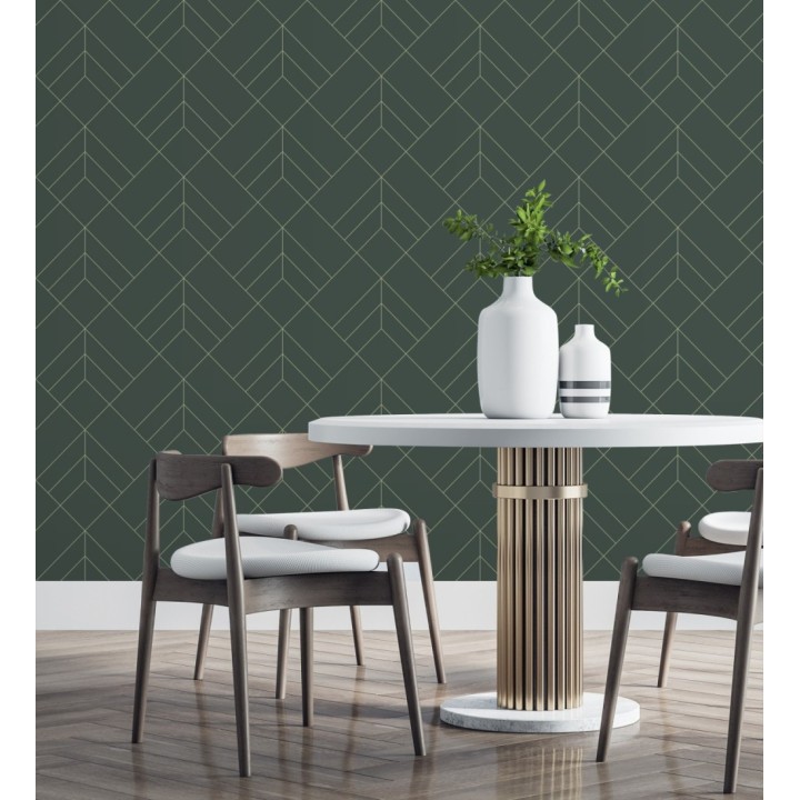 Papel pintado geométrico de rombos con líneas doradas fondo verde estilo Art déco - Arnova 682087