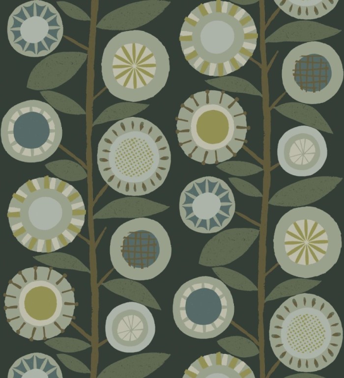 Papel pintado abstracto de flores redondas verdes y ramas con hojas estilo nórdico - Liliana Flowers 682088