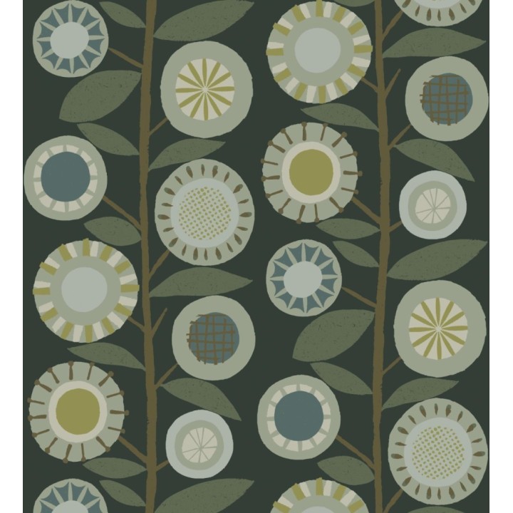 Papel pintado abstracto de flores redondas verdes y ramas con hojas estilo nórdico - Liliana Flowers 682088