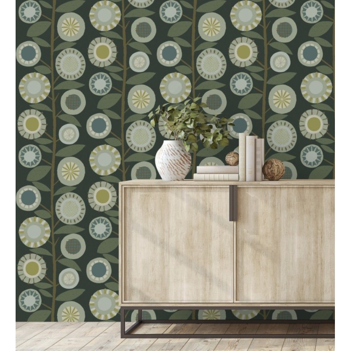 Papel pintado abstracto de flores redondas verdes y ramas con hojas estilo nórdico - Liliana Flowers 682088