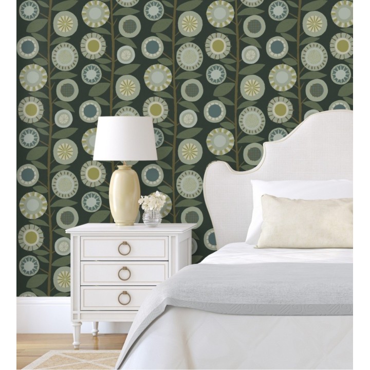 Papel pintado abstracto de flores redondas verdes y ramas con hojas estilo nórdico - Liliana Flowers 682088