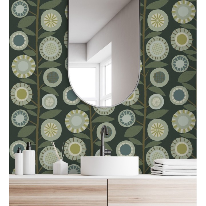 Papel pintado abstracto de flores redondas verdes y ramas con hojas estilo nórdico - Liliana Flowers 682088