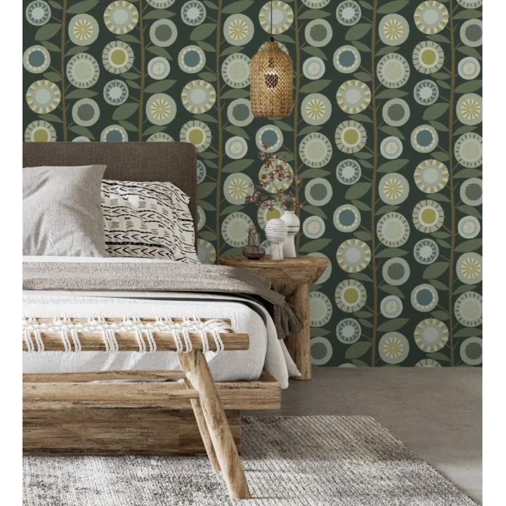 Papel pintado abstracto de flores redondas verdes y ramas con hojas estilo nórdico - Liliana Flowers 682088