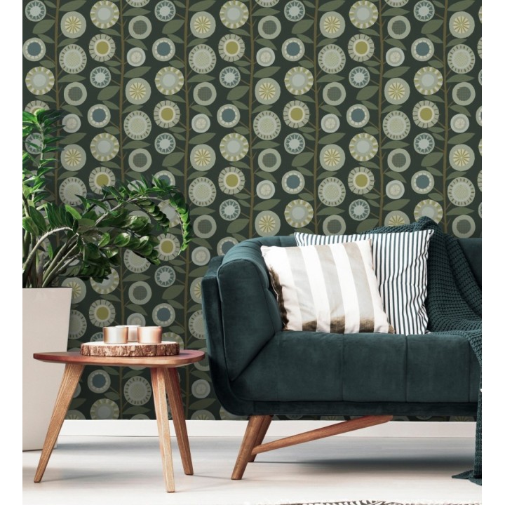 Papel pintado abstracto de flores redondas verdes y ramas con hojas estilo nórdico - Liliana Flowers 682088