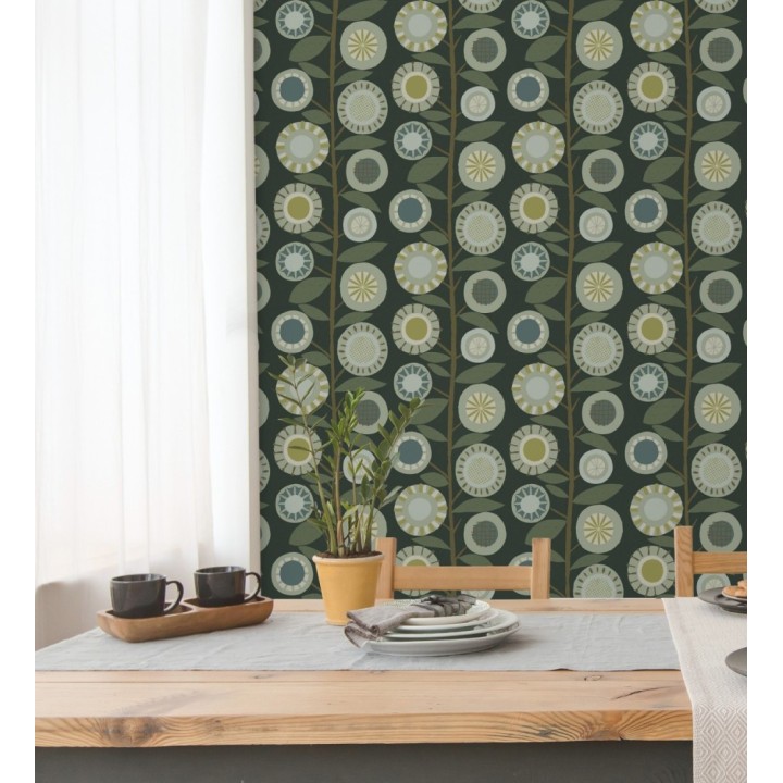 Papel pintado abstracto de flores redondas verdes y ramas con hojas estilo nórdico - Liliana Flowers 682088