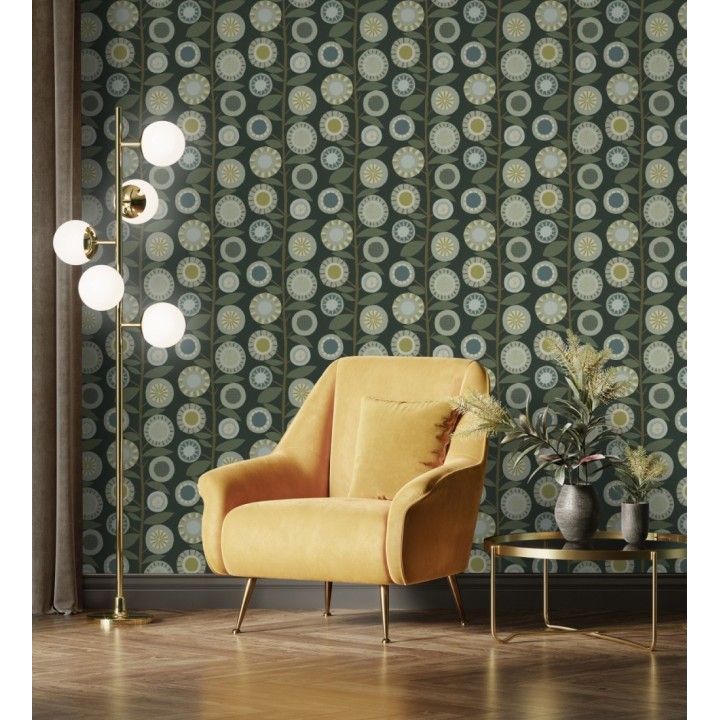 Papel pintado abstracto de flores redondas verdes y ramas con hojas estilo nórdico - Liliana Flowers 682088