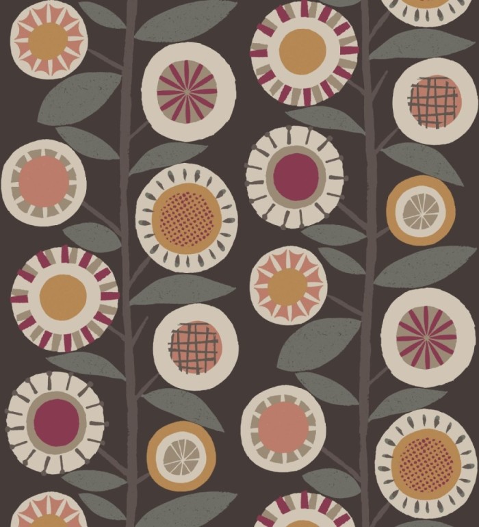 Papel pintado abstracto de flores magenta y ramas con hojas estilo nórdico - Liliana Flowers 682089