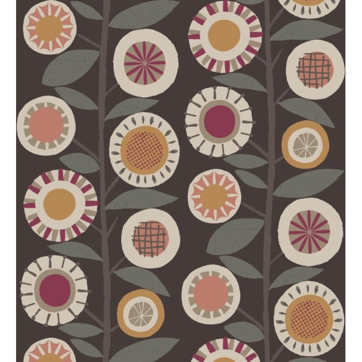 Papel pintado abstracto de flores magenta y ramas con hojas estilo nórdico - Liliana Flowers 682089