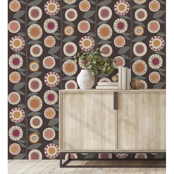 Papel pintado abstracto de flores magenta y ramas con hojas estilo nórdico - Liliana Flowers 682089