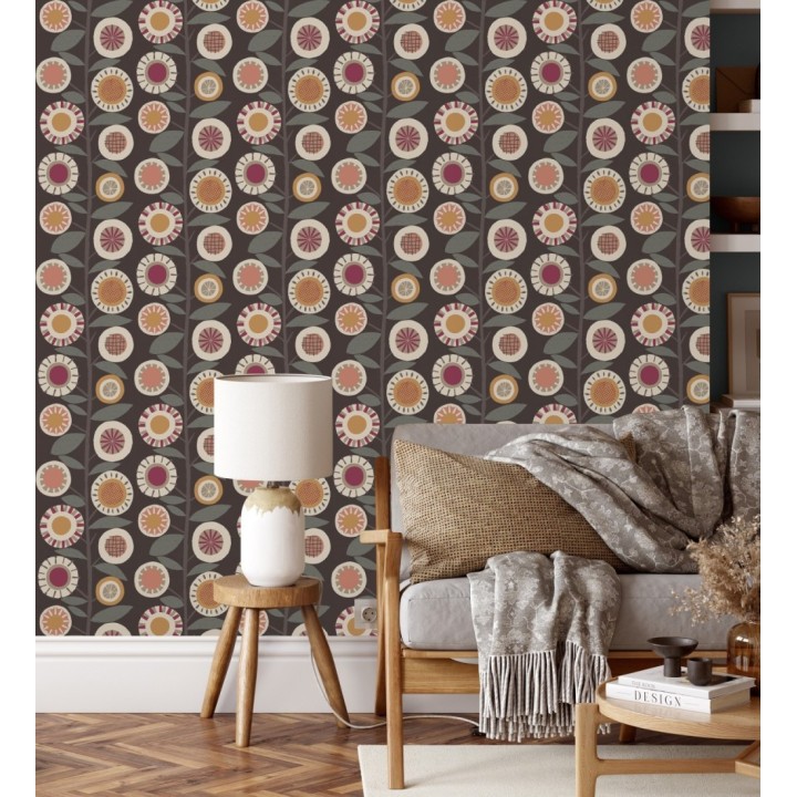 Papel pintado abstracto de flores magenta y ramas con hojas estilo nórdico - Liliana Flowers 682089