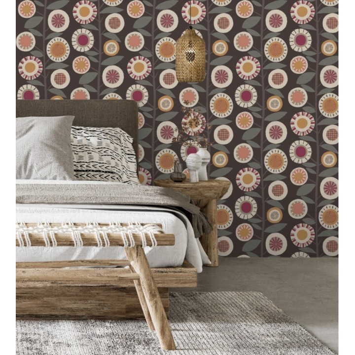 Papel pintado abstracto de flores magenta y ramas con hojas estilo nórdico - Liliana Flowers 682089