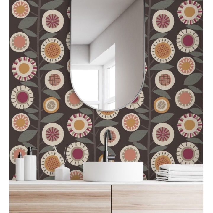 Papel pintado abstracto de flores magenta y ramas con hojas estilo nórdico - Liliana Flowers 682089