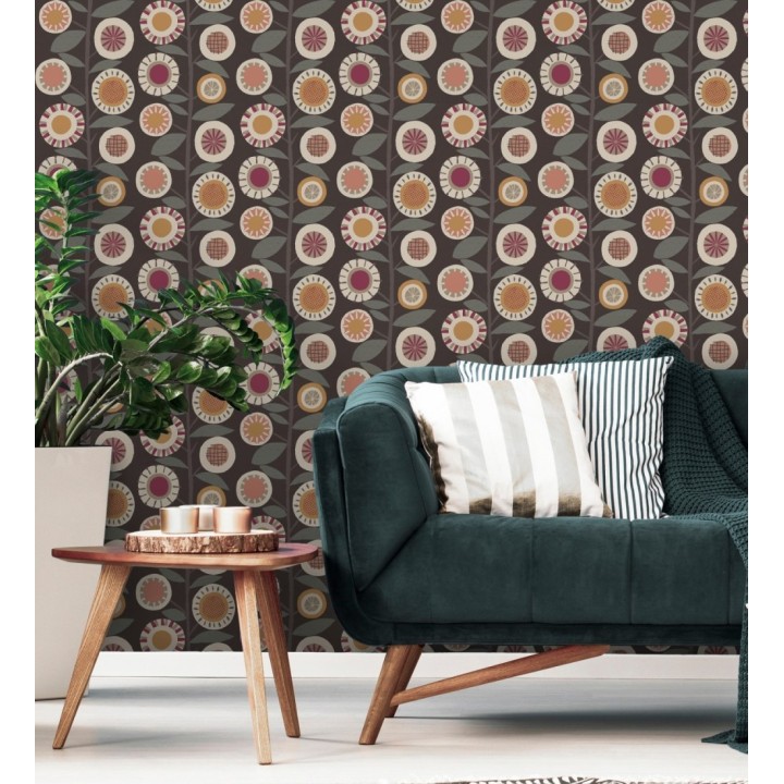 Papel pintado abstracto de flores magenta y ramas con hojas estilo nórdico - Liliana Flowers 682089