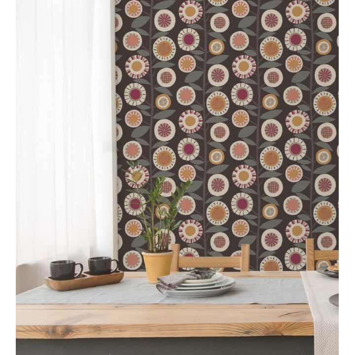 Papel pintado abstracto de flores magenta y ramas con hojas estilo nórdico - Liliana Flowers 682089