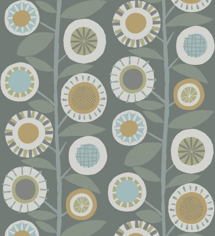 Papel pintado abstracto de flores redondas mostaza y ramas con hojas estilo nórdico - Liliana Flowers 682090