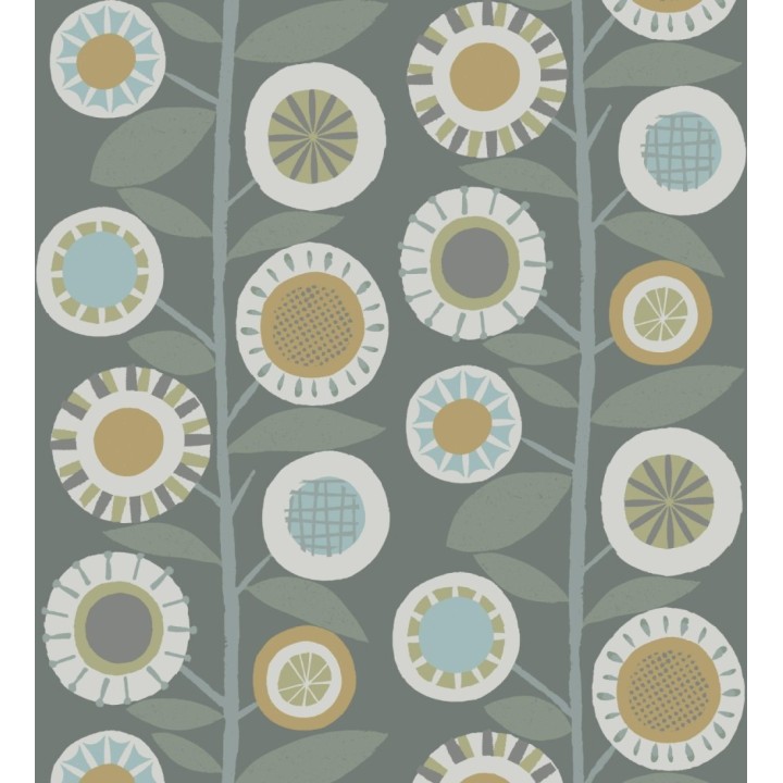 Papel pintado abstracto de flores redondas mostaza y ramas con hojas estilo nórdico - Liliana Flowers 682090