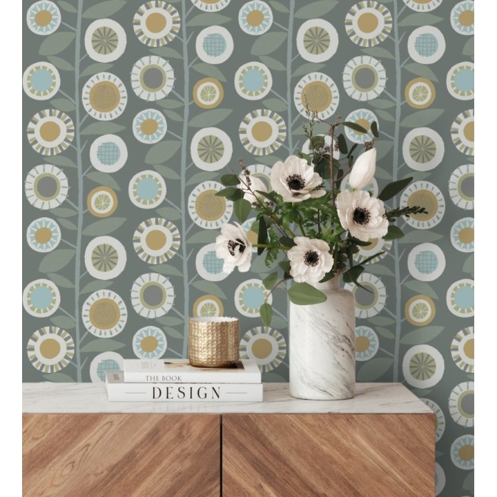 Papel pintado abstracto de flores redondas mostaza y ramas con hojas estilo nórdico - Liliana Flowers 682090