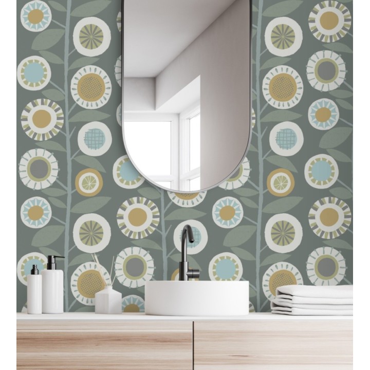 Papel pintado abstracto de flores redondas mostaza y ramas con hojas estilo nórdico - Liliana Flowers 682090