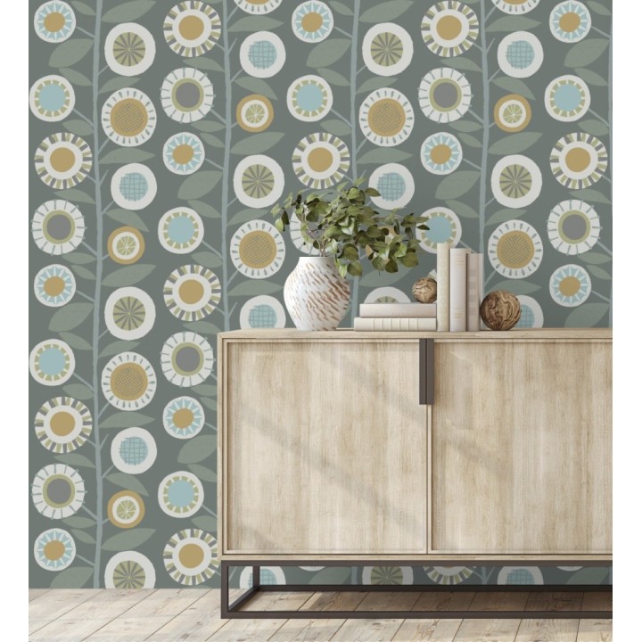 Papel pintado abstracto de flores redondas mostaza y ramas con hojas estilo nórdico - Liliana Flowers 682090