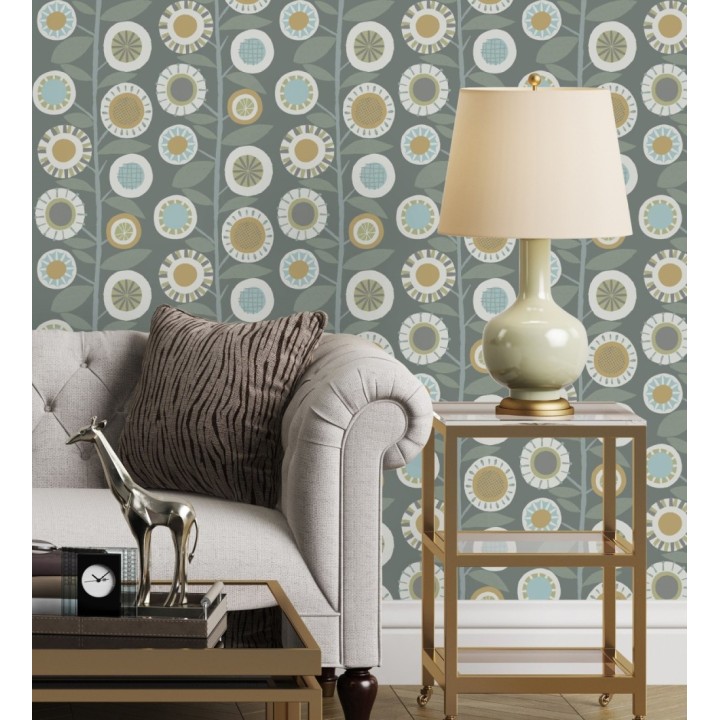 Papel pintado abstracto de flores redondas mostaza y ramas con hojas estilo nórdico - Liliana Flowers 682090