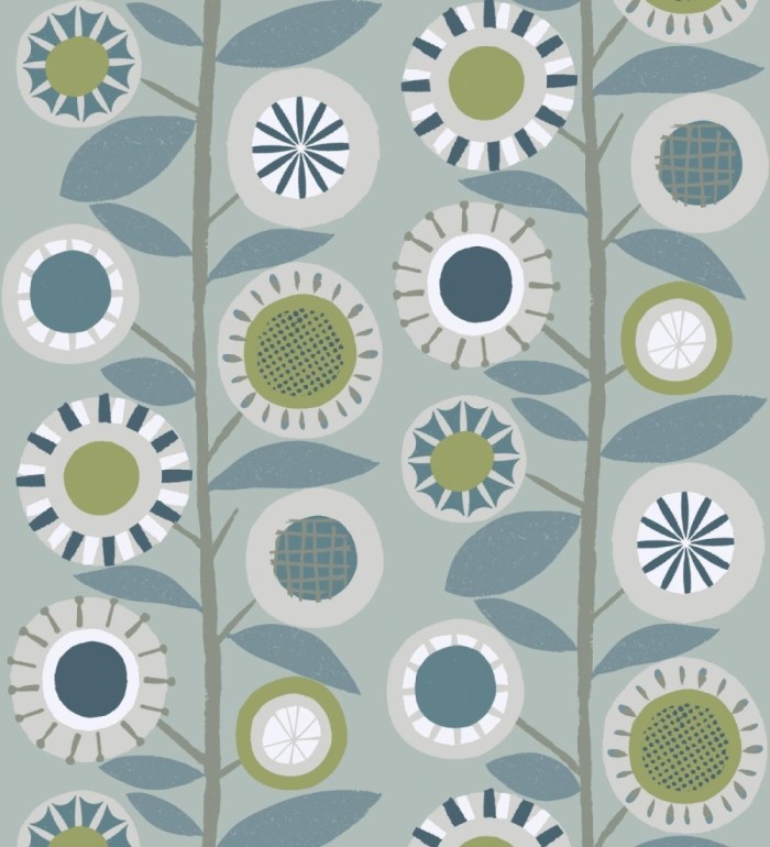 Papel pintado abstracto de flores redondas azules y ramas con hojas estilo nórdico - Liliana Flowers 682091