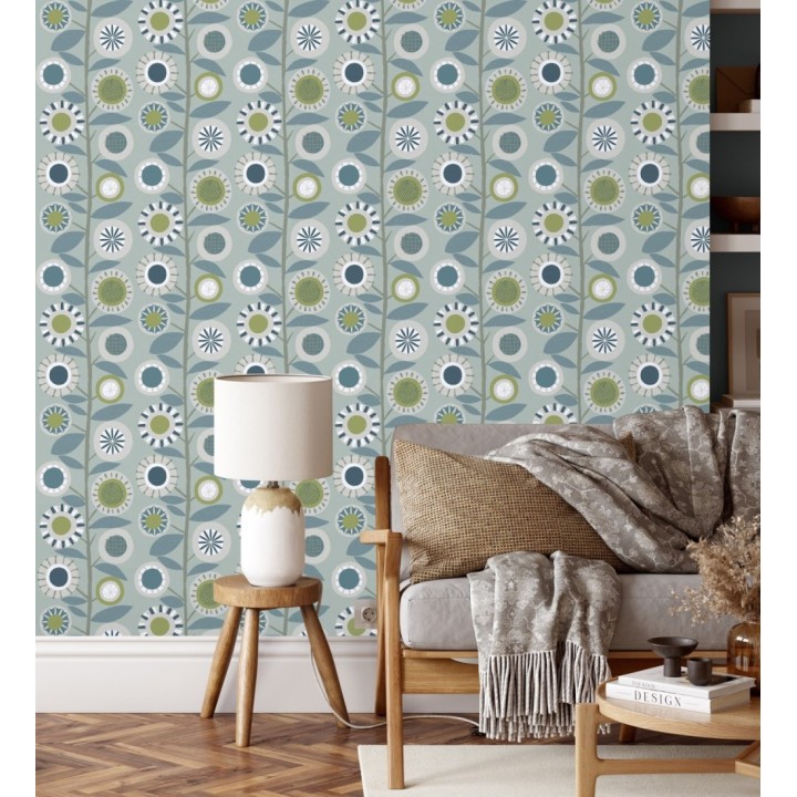 Papel pintado abstracto de flores redondas azules y ramas con hojas estilo nórdico - Liliana Flowers 682091