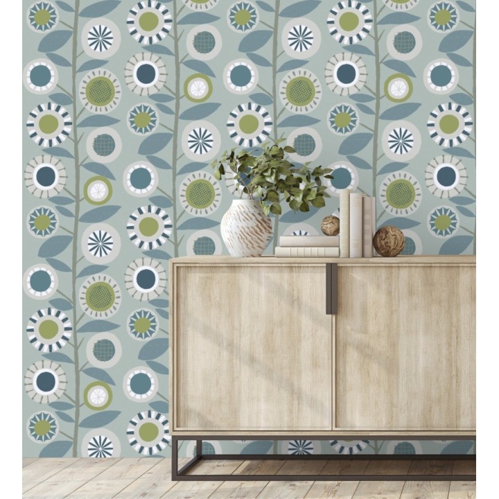 Papel pintado abstracto de flores redondas azules y ramas con hojas estilo nórdico - Liliana Flowers 682091