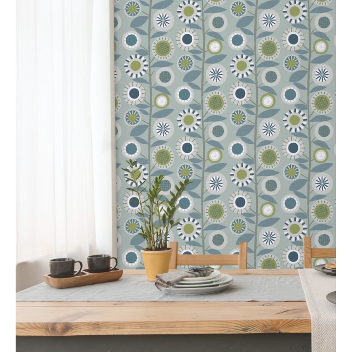 Papel pintado abstracto de flores redondas azules y ramas con hojas estilo nórdico - Liliana Flowers 682091