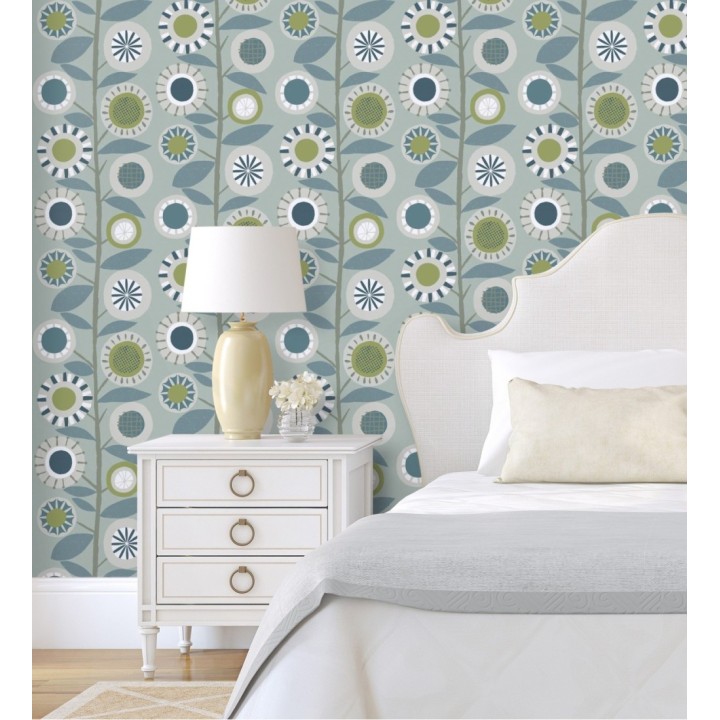 Papel pintado abstracto de flores redondas azules y ramas con hojas estilo nórdico - Liliana Flowers 682091