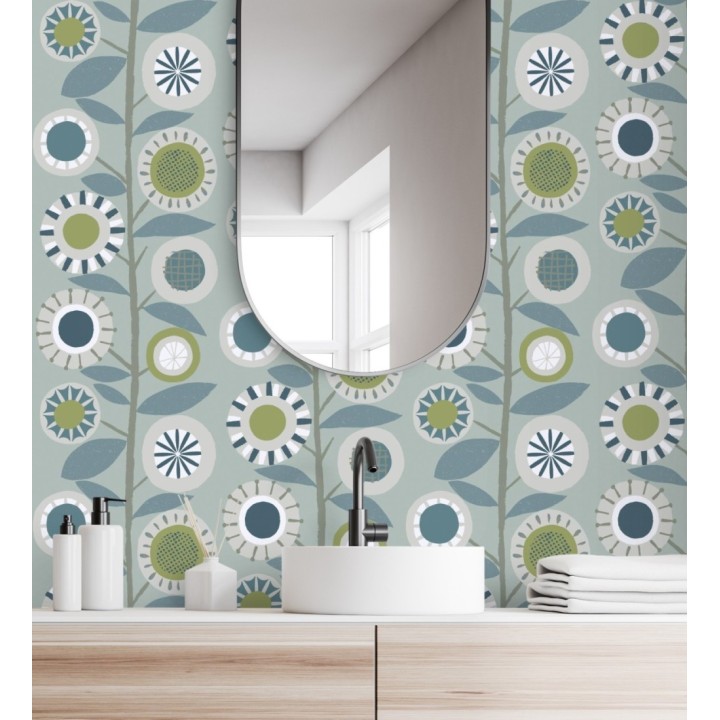 Papel pintado abstracto de flores redondas azules y ramas con hojas estilo nórdico - Liliana Flowers 682091