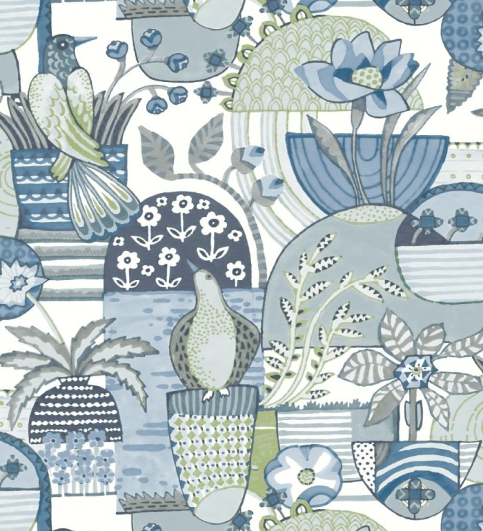 Papel pintado maceta de plantas y flores con pájaros multicolor diseño patchwork - Dafne 682092