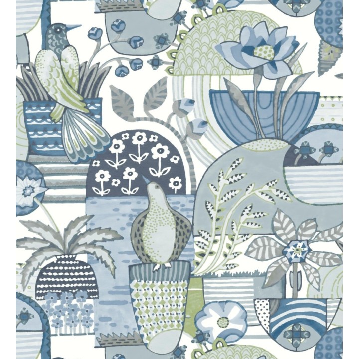Papel pintado maceta de plantas y flores con pájaros multicolor diseño patchwork - Dafne 682092