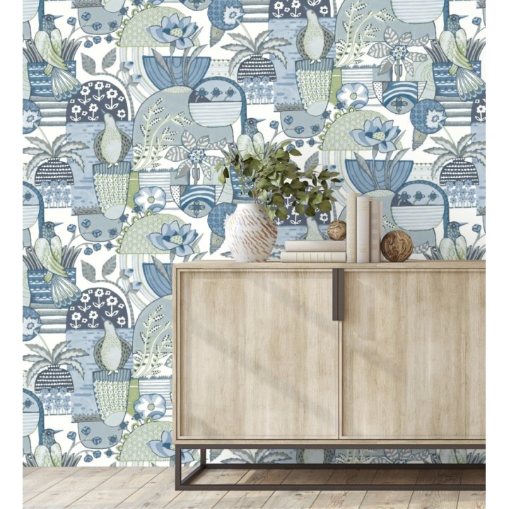 Papel pintado maceta de plantas y flores con pájaros multicolor diseño patchwork - Dafne 682092