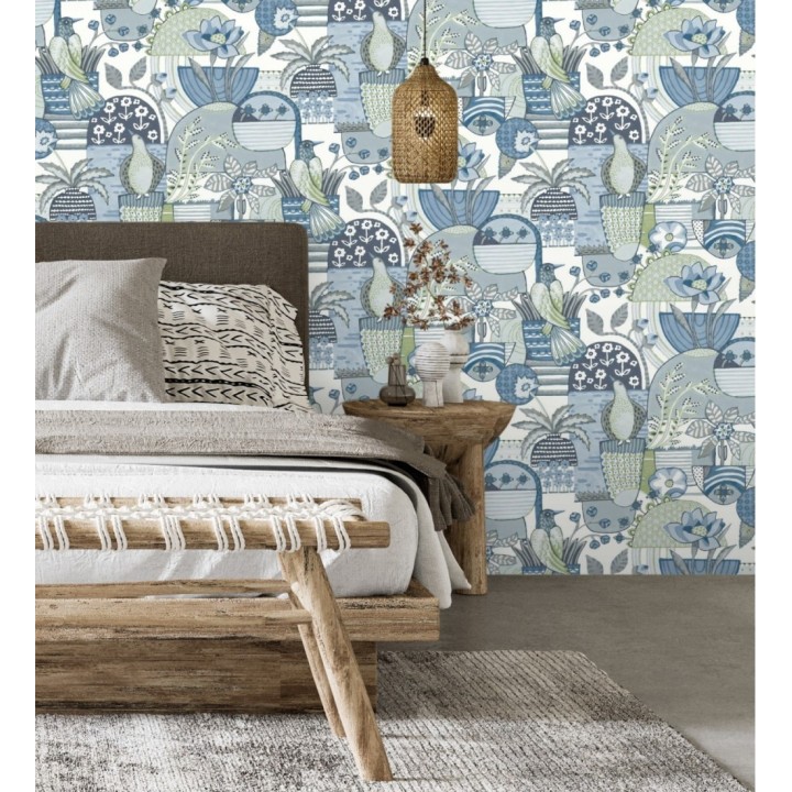 Papel pintado maceta de plantas y flores con pájaros multicolor diseño patchwork - Dafne 682092