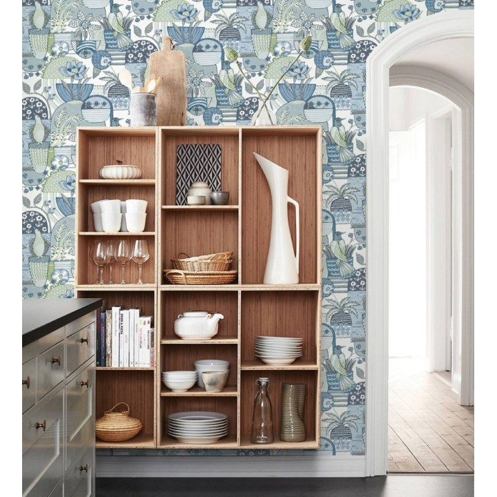 Papel pintado maceta de plantas y flores con pájaros multicolor diseño patchwork - Dafne 682092