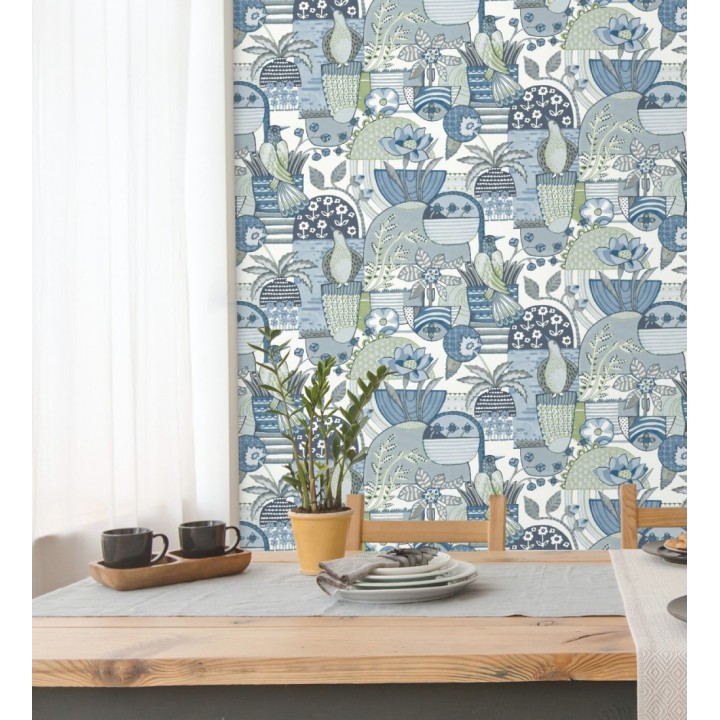 Papel pintado maceta de plantas y flores con pájaros multicolor diseño patchwork - Dafne 682092