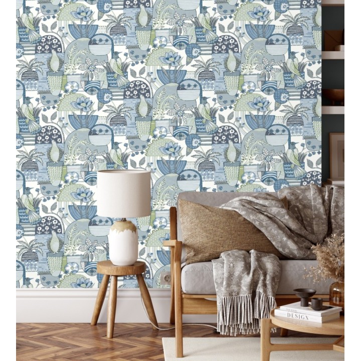 Papel pintado maceta de plantas y flores con pájaros multicolor diseño patchwork - Dafne 682092