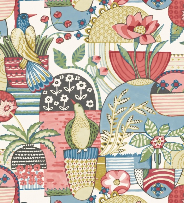 Papel pintado maceta de plantas y flores con pájaros multicolor diseño patchwork - Dafne 682094