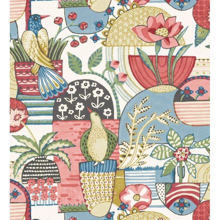 Papel pintado maceta de plantas y flores con pájaros multicolor diseño patchwork - Dafne 682094