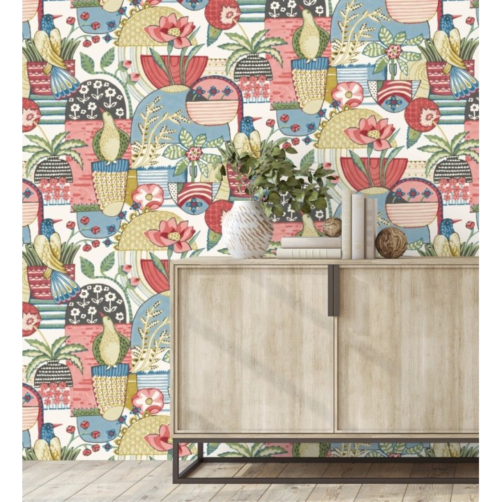 Papel pintado maceta de plantas y flores con pájaros multicolor diseño patchwork - Dafne 682094