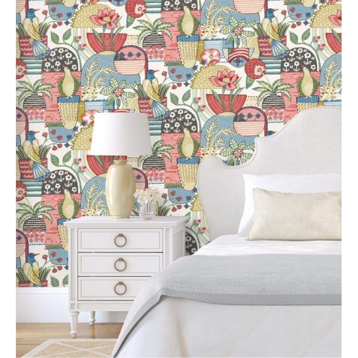 Papel pintado maceta de plantas y flores con pájaros multicolor diseño patchwork - Dafne 682094