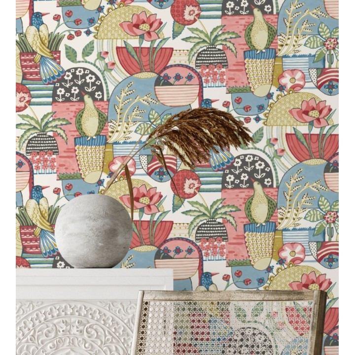 Papel pintado maceta de plantas y flores con pájaros multicolor diseño patchwork - Dafne 682094