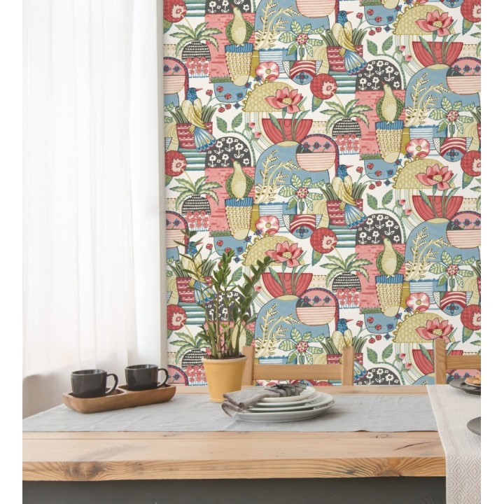 Papel pintado maceta de plantas y flores con pájaros multicolor diseño patchwork - Dafne 682094